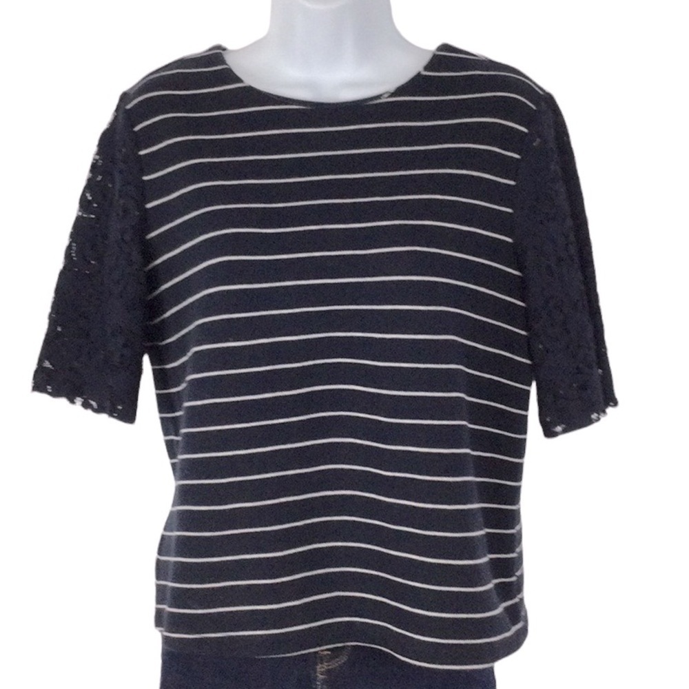 LOFT Knit Striped Top with Lace Sleeves Sz S